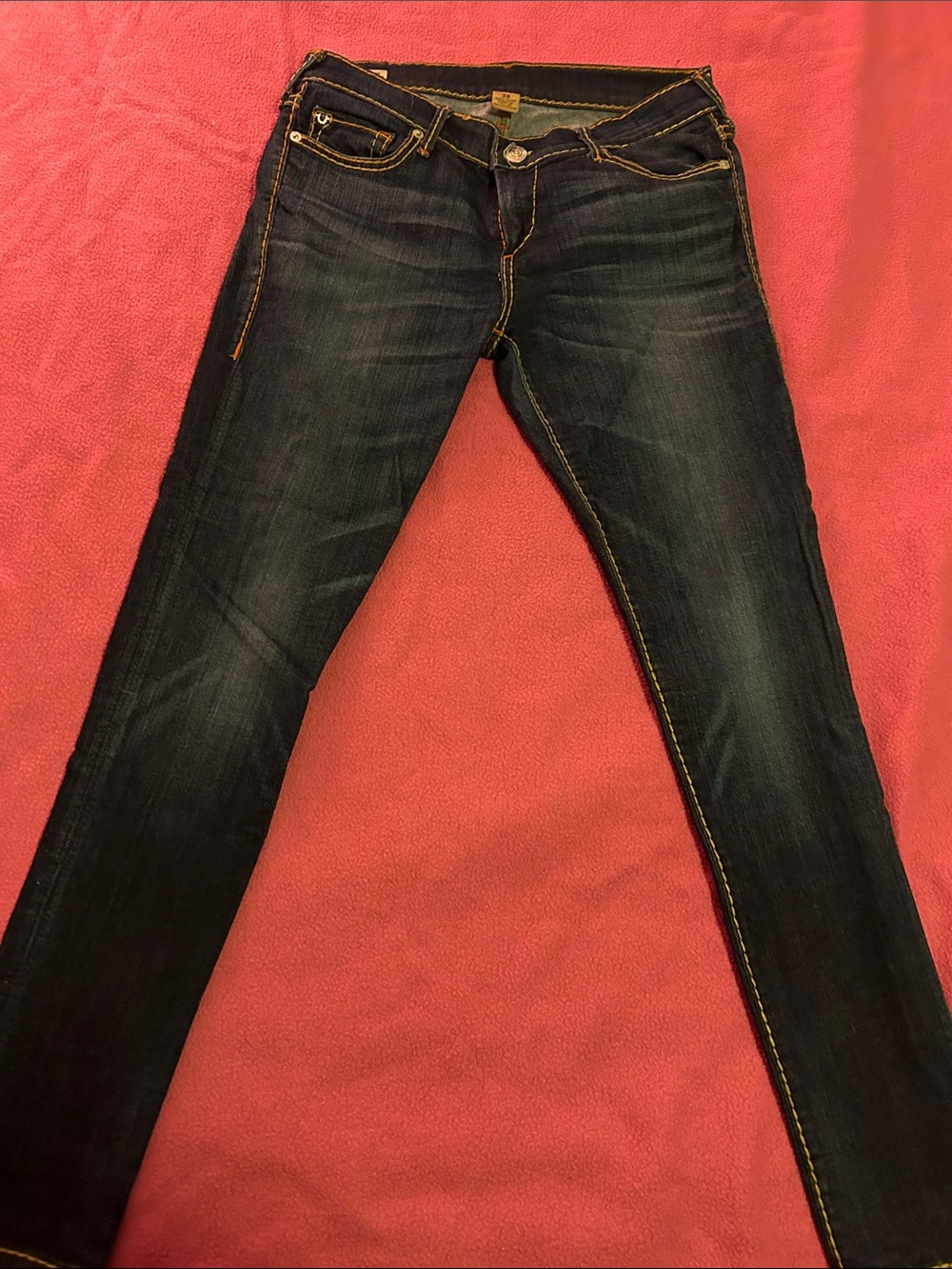 True Religion Women's Dark Indigo Skinny Jeans with Gold Stitching